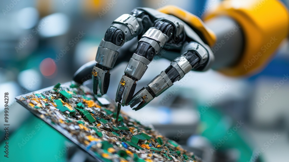 Poster robot hand handling electronic circuit board, white isolate background
