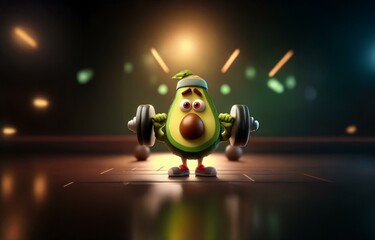 A cartoon avocado with a headband lifts weights in a dark gym with blurred lights.