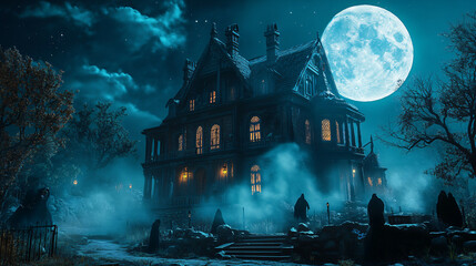 Mysterious Mansion Under a Full Moon.