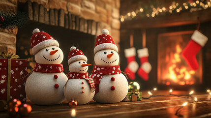 Snowman Family by the Fireplace.