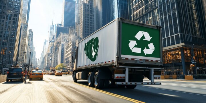 Garbage truck moving in the city, modern waste management or recycling concept