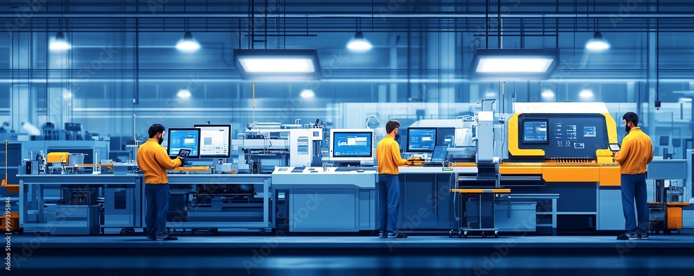 Poster multiethnic engineers at electronics factory, using laptops, standing on platform, monitoring machin