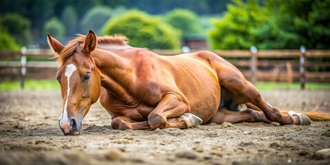 A horse with colic lies down and sleeps outside
