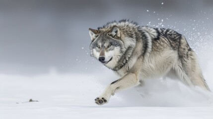 Obraz premium Dynamic Grey Wolf Running Across Snowy Plain Highlighting Strength and Power in Harsh Winter Environment