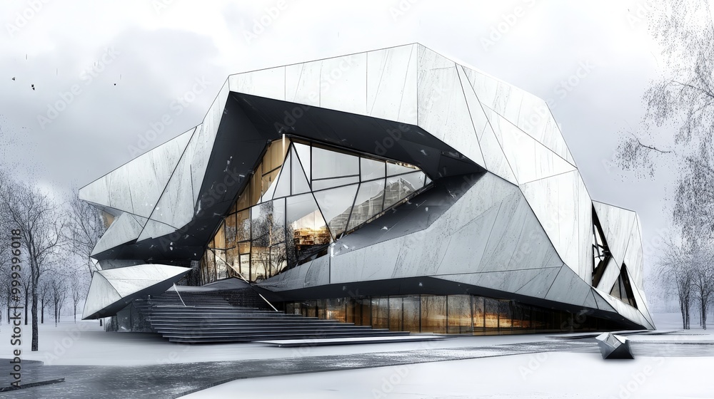 Poster an architectural design concept using creative geometric shapes and sustainable materials for a comm