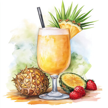 pineapple cocktail watercolor painting clip art preview