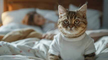 Obraz premium A cat in a white shirt sits on a bed while a person sleeps in the background. AI.