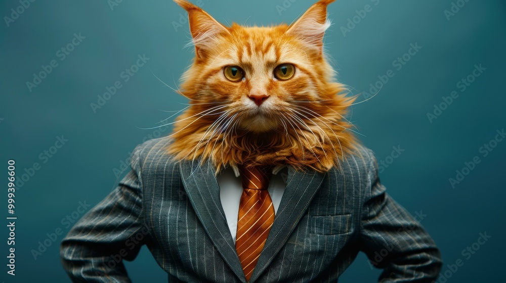 Poster A cat wearing a suit and tie. AI.