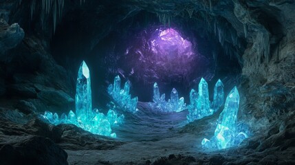 A cave with glowing blue crystals and a purple light at the end.