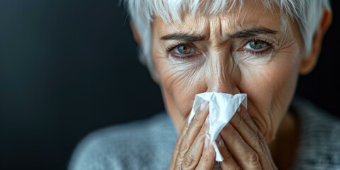 A close-up of a woman blowing her nose. AI.