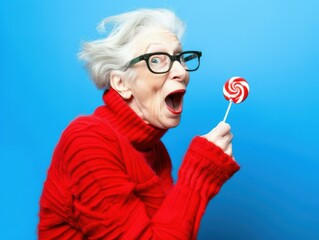A woman in a red sweater looks surprised as she holds a lollipop. AI.