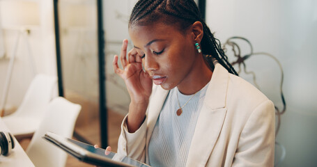 Tired, stress and black woman in office for business with mistake, crisis or failure in project....