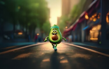 A cheerful avocado character runs down a city street, wearing a headband and smiling broadly.