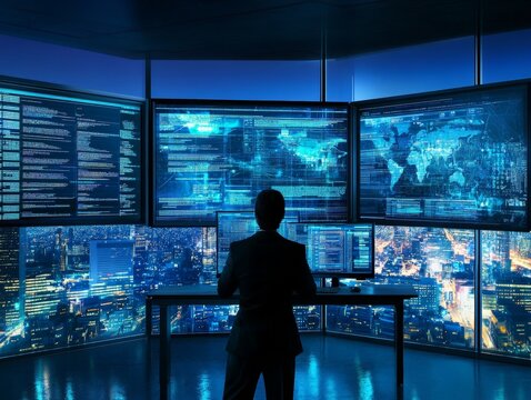An IT professional managing network security, with layers of encrypted data flow and firewalls being displayed on large monitors.