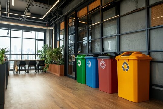An office with multiple recycling bins for different materials, promoting environmental responsibility in the workplace.