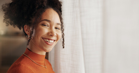 Portrait, smile and wellness with woman in home on mockup space for break to relax on weekend....
