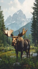 Majestic bull moose turning head in forest clearing, moose, wildlife, animal, huge, forest, nature, wilderness, antlers