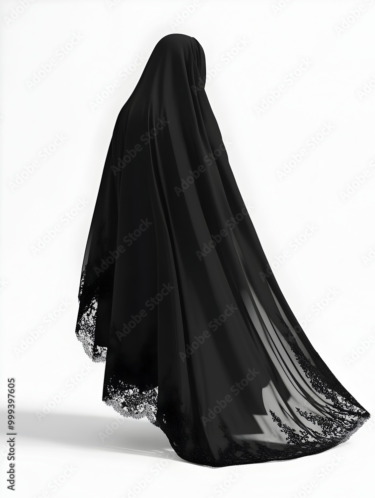 Poster billowing onyx hued vampire cape casting dramatic shadow in minimal studio setting