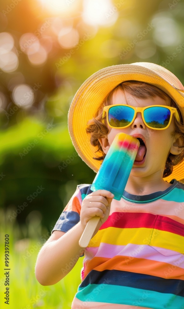 Wall mural A young child wearing a straw hat and sunglasses enjoys a colorful popsicle on a sunny day. AI.