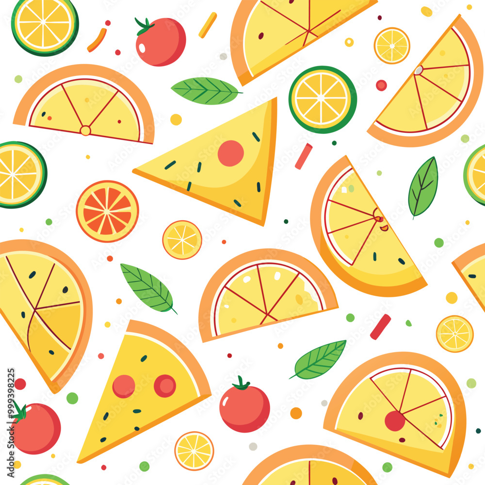 Aufkleber pizza slices adorned with confetti and lemon slices are arranged playfully on a bright white backgro