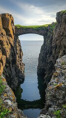 A stunning stone bridge arching over calm waters, surrounded by dramatic cliffs and lush greenery under a serene sky.