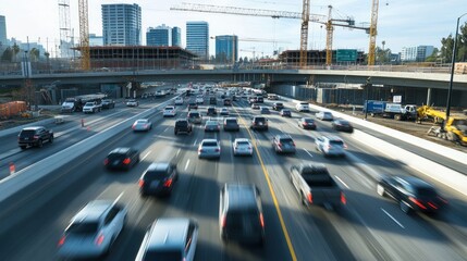 Generate a photo realistic image of traffic impact studies for a construction project, with traffic flow analysis, traffic monitoring cameras, traffic engineers, and construction 