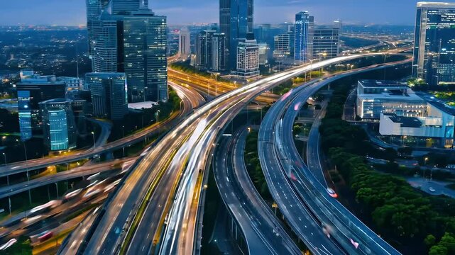 Witness hustle bustle urban life captivating 4K aerial timelapse car traffic city roads stunning topdown view captures vibrant cityscape cars move flurry light streaks representing dynamic