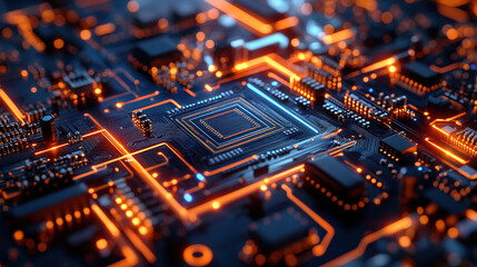 Ultra high definition image of chips and electronic circuit boards on a dark background, with a light orange, sky blue, light indigo and gold color scheme, delicate lines and sophisticated design.