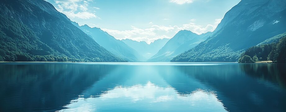 A serene lake surrounded by majestic mountains under a clear blue sky, reflecting tranquility and natural beauty.