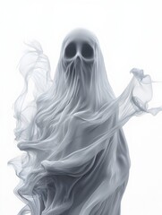 Detailed 3D Render of Glowing Ethereal Halloween Ghost on Stark White Background