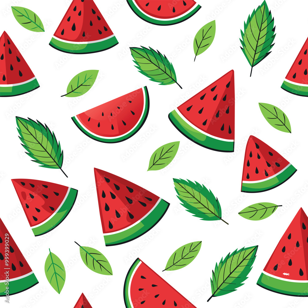 Poster a colorful pattern featuring watermelon slices and green leaves ideal for summer decorations fabric 