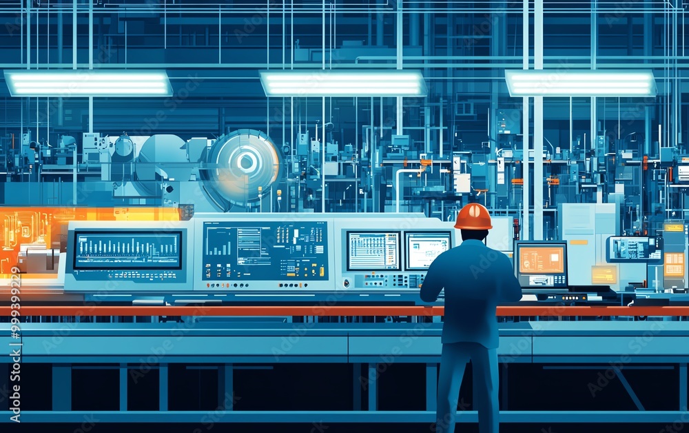 Poster engineers of diverse backgrounds on factory platform, using laptops, monitoring machine maintenance,