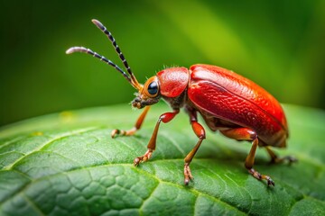 Fototapeta premium A small red beetle crawling on a green leaf with selective focus