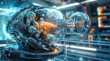 Futuristic Cornucopia in a High-Tech Laboratory with Nanotech Devices and Holographic Displays