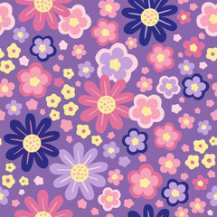 Hand drawn seamless pattern with abstract stylized flowers in pastel colors on a purple background