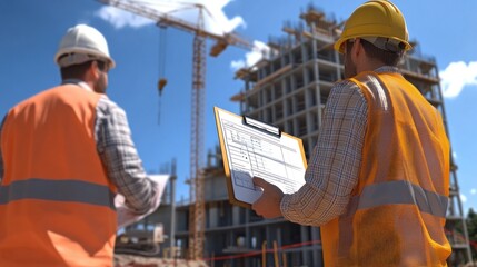 Generate a photo realistic image of quality control inspectors performing inspections at a construction site, with inspection checklist, quality assurance tools, construction materials,