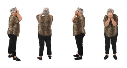 group of same  senior woman covering her face with her arm on white background