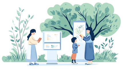 Family exploring nature together, engaging with informational displays amidst lush green surroundings, promoting outdoor learning and bonding.