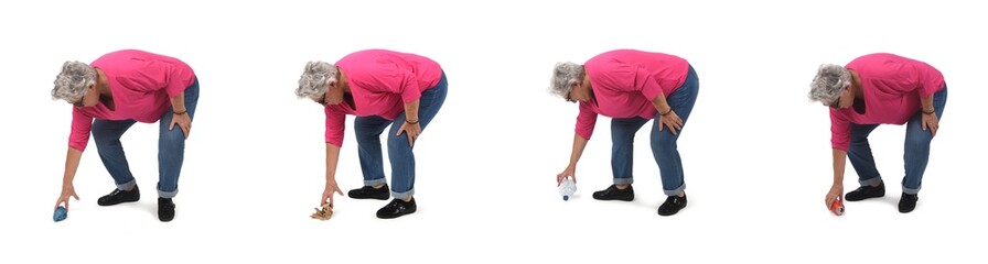 Fototapeta premium group of the same woman picking up trash from the ground on white background