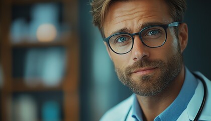 Male physician in hospital office, wearing glasses and stethoscope, confidently turning and looking at camera, modern clinical setting, healthcare solution
