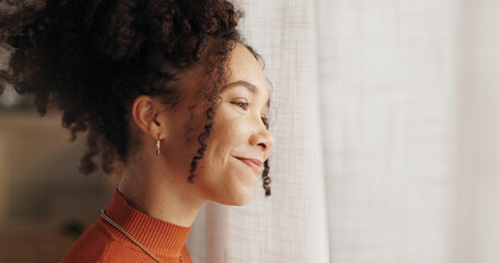 Profile, happy woman and thinking in home, planning future or reflection of mindset by window view...