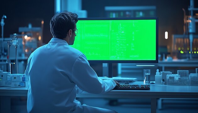Scientist in white lab coat at green screen computer in hightech medical lab, advanced healthcare research and analysis, hightech hospital setting