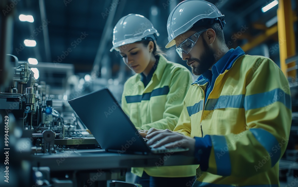 Poster two engineers in factory setting, multiethnic, using laptops on platform, overseeing maintenance of 