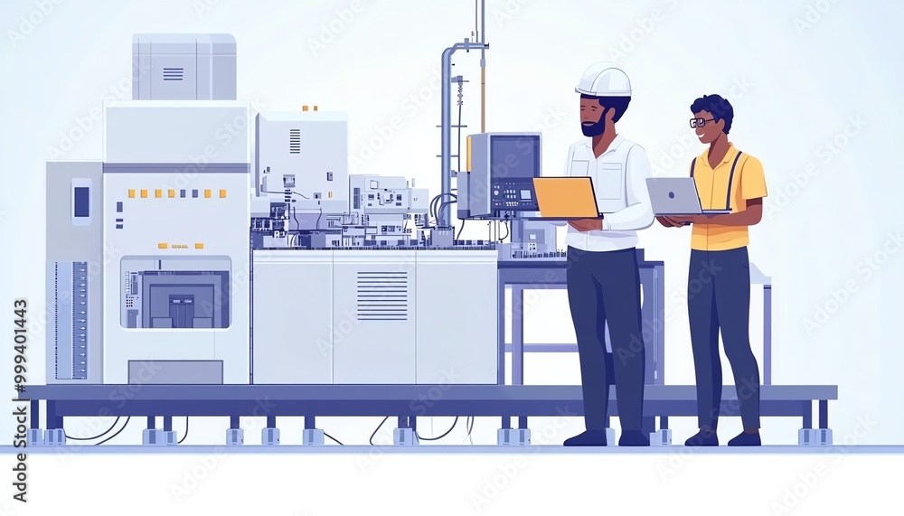 Poster two multiethnic engineers standing on platform, using laptop, electronics factory, machines undergoi