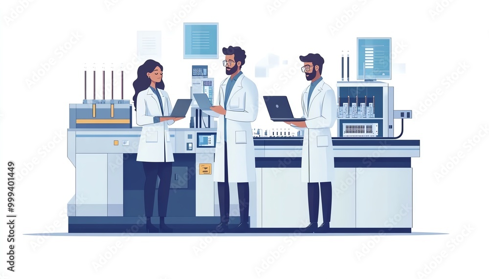 Poster two multiethnic engineers standing on platform, using laptop, electronics factory, machines undergoi