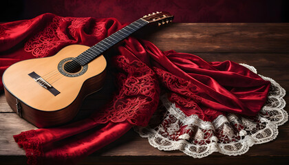 Arte y cultura española. Guitarra clásica sobre hermosa mantilla de terciopelo rojo con fondo de madera vieja. Con espacio de copia. Ilustración © David Andres