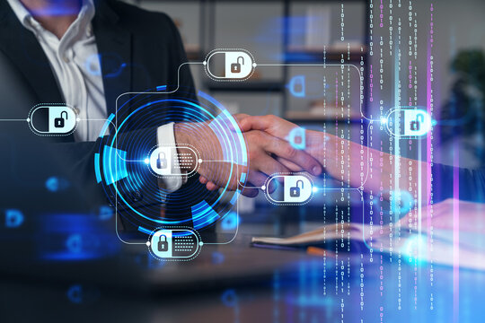 Digital handshake with cybersecurity icons and binary code overlay.