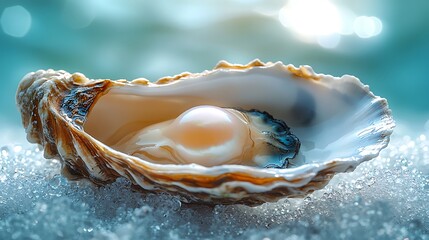 A glistening pearl sits inside a half-opened oyster shell, resting on a bed of ice.