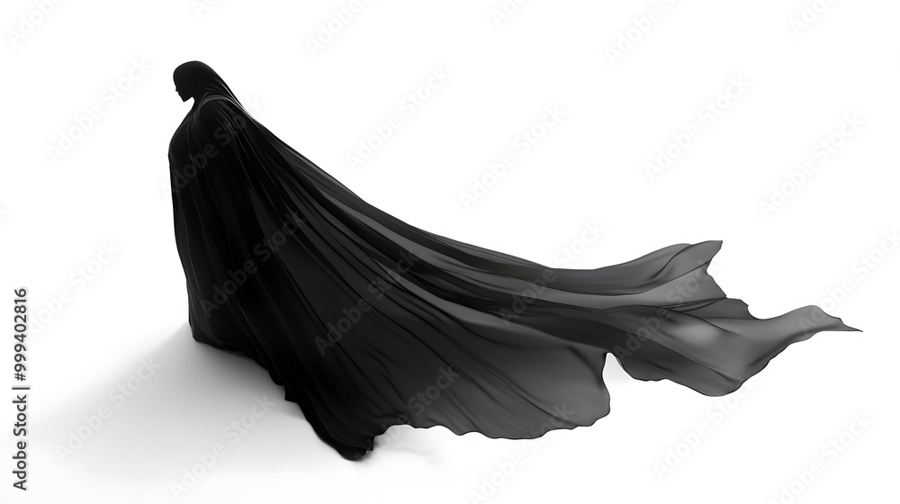 Poster floating vampire cape with ethereal edges casting ominous shadow on white