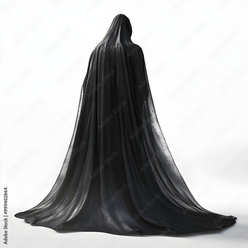 Poster floating vampire cape with ethereal glow on minimal white background